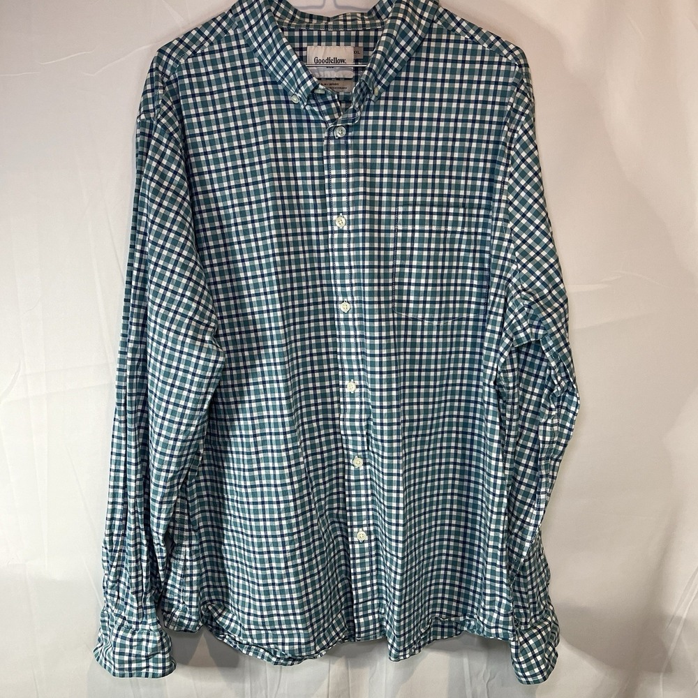 Goodfellow Co. Adult Men Slim Button Down Shirt 2XL Teal White Plaid Stretch XXL